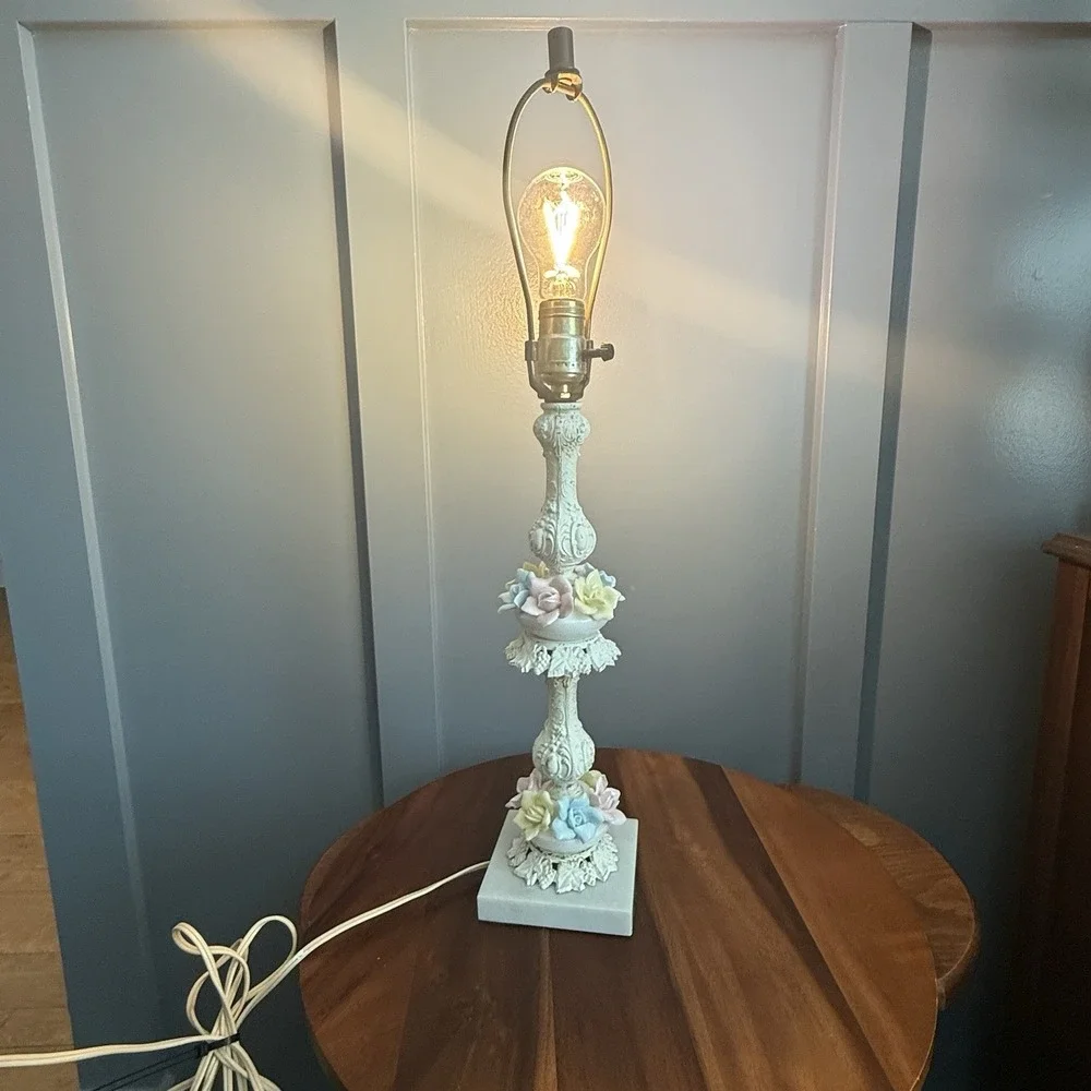 Vintage Floral Lamp Porcelain Roses Marble Base Cast Iron Cottage‎ Shabby Chic